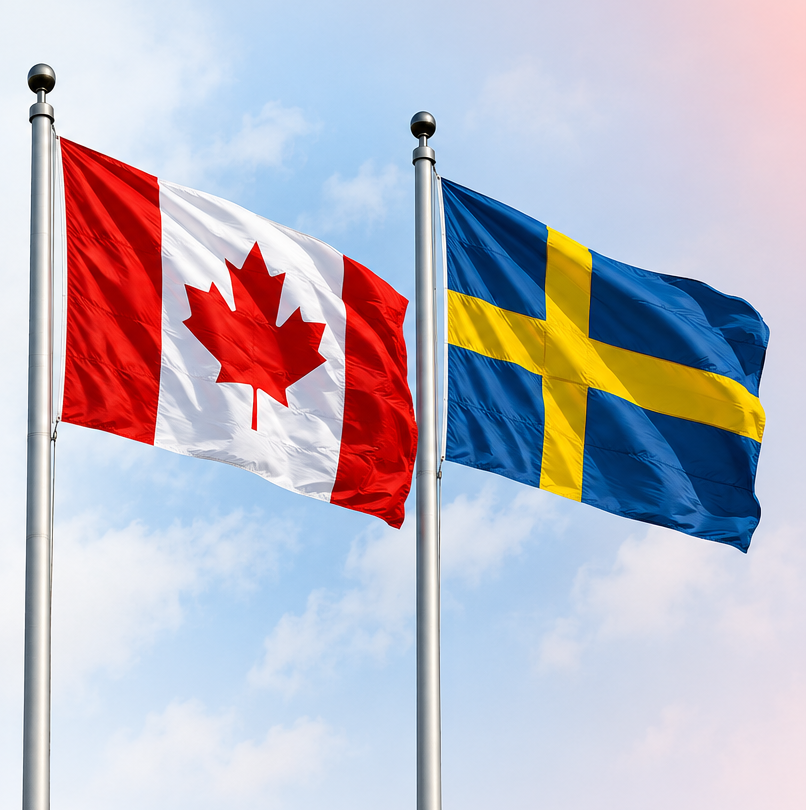 Canadian and Swedish flags flying on flagpoles